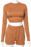 Pink Sexy Solid Backless O Neck Long Sleeve Two Pieces