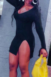 Black Fashion Sexy Solid Asymmetrical V Neck Long Sleeve Dresses