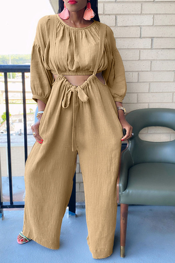 Khaki Fashion Casual Solid Patchwork O Neck Long Sleeve Two Pieces