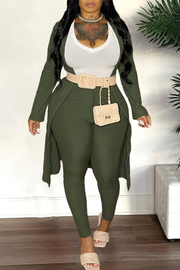 Army Green Fashion Casual Solid Patchwork V Neck Long Sleeve Three Pieces