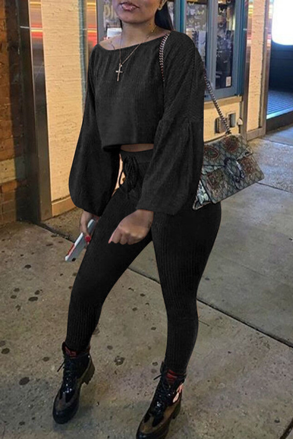 Black Casual Solid Patchwork O Neck Long Sleeve Two Pieces