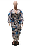 Blue Fashion Casual Print Basic V Neck Long Sleeve Dresses