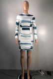 Blue Fashion Casual Print Fold O Neck Long Sleeve Dresses