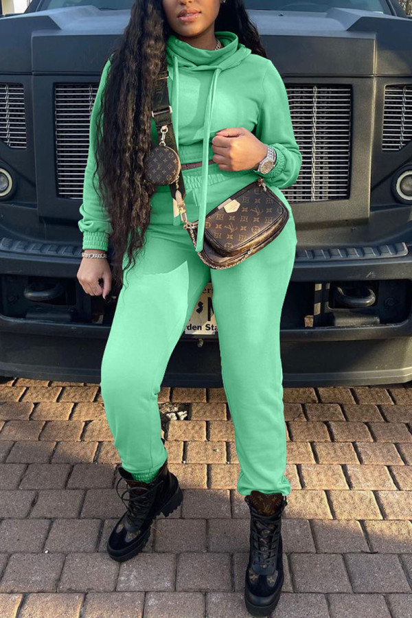 Green Casual Solid Patchwork Hooded Collar Long Sleeve Two Pieces