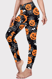 Black Halloween Fashion Casual Basic Print High Waist Skinny Trousers