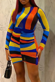 Colour Sexy Print Patchwork O Neck Pencil Skirt Dresses
