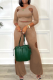 Khaki Casual Solid Hollowed Out O Neck Three Quarter Two Pieces