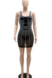 Apricot Sexy Solid Patchwork See-through Hot Drill Spaghetti Strap A Line Dresses