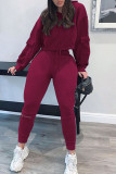 Burgundy Casual Solid Split Joint Pocket Hooded Collar Long Sleeve Two Pieces