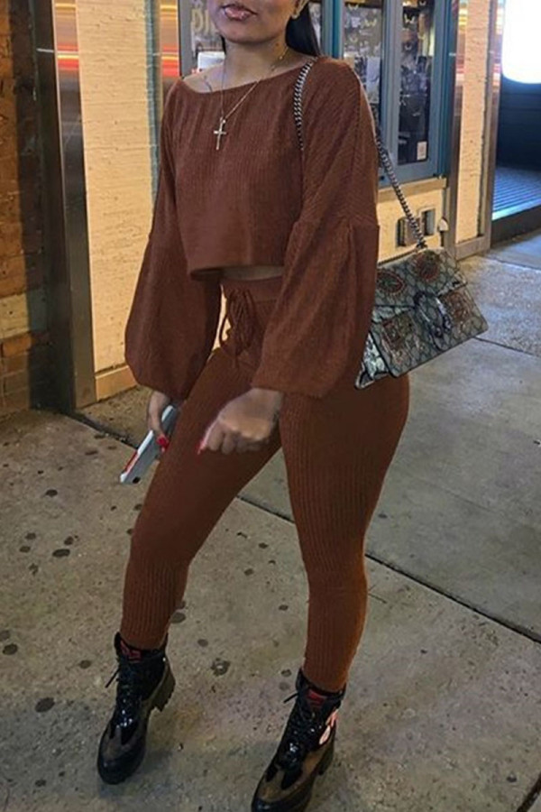 Brown Casual Solid Patchwork O Neck Long Sleeve Two Pieces