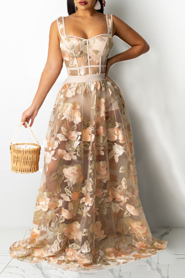 Apricot Sexy Print Embroidered Patchwork Spaghetti Strap Sleeveless Two Pieces