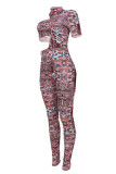 Burgundy Sexy Casual Print Hollowed Out Turtleneck Short Sleeve Jumpsuit Two Pieces