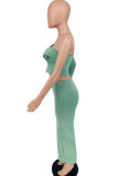 Green Sexy Casual Letter Print Backless Oblique Collar Long Sleeve Two Pieces