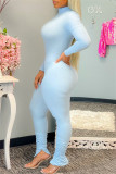 Baby Blue Fashion Casual Solid Split Joint Zipper Collar Skinny Jumpsuits