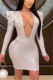 Silver Fashion Sexy Regular Sleeve Long Sleeve V Neck A Line Mini Solid Dresses