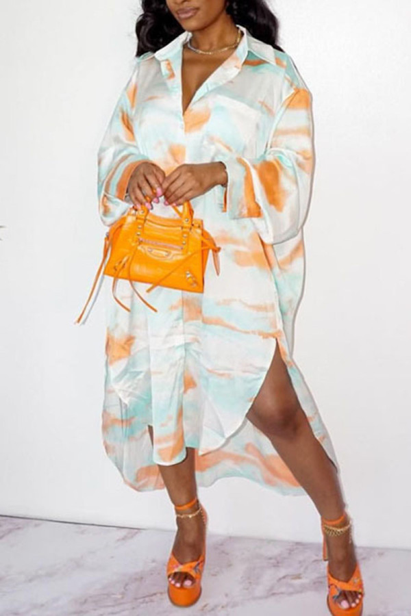 White Yellow Casual Print Patchwork Buckle Turndown Collar Shirt Dress Dresses