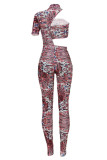 Burgundy Sexy Casual Print Hollowed Out Turtleneck Short Sleeve Jumpsuit Two Pieces