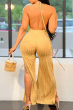 Khaki Fashion Sexy Solid Backless Slit V Neck Regular Jumpsuits