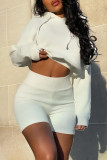White Fashion Sportswear Solid Patchwork Hooded Collar Long Sleeve Two Pieces