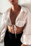 White Sexy Solid Bandage Turndown Collar Tops