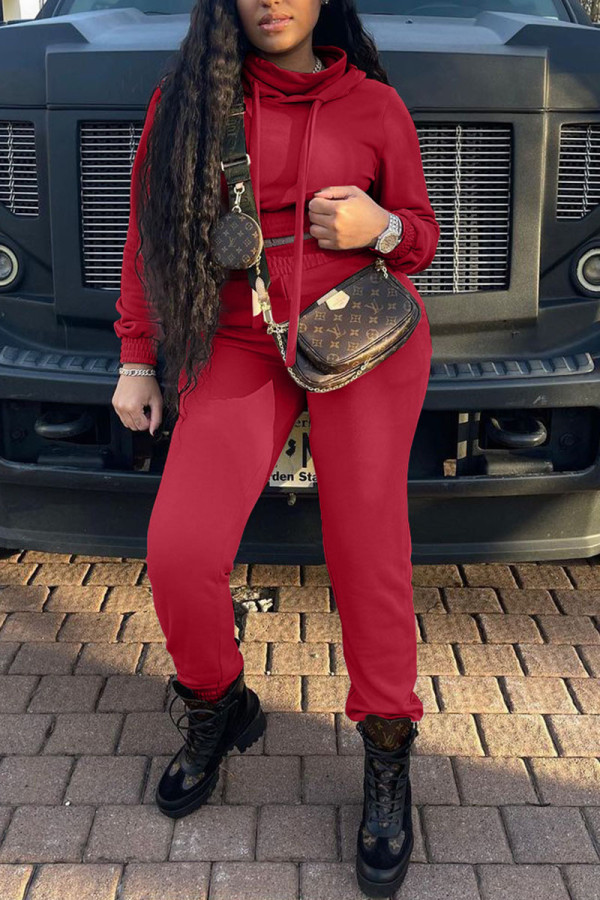 Red Casual Solid Patchwork Hooded Collar Long Sleeve Two Pieces