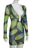 Green Fashion Sexy Print Hollowed Out V Neck Wrapped Skirt Dresses