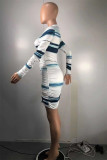 Blue Fashion Casual Print Fold O Neck Long Sleeve Dresses