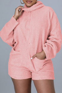 Pink Sexy Solid Patchwork Hooded Collar Rompers
