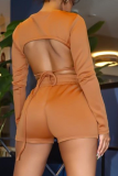 Pink Sexy Solid Backless O Neck Long Sleeve Two Pieces