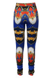 Blue Fashion Street Print Patchwork Mid Waist Pencil Bottoms