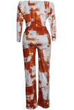 Orange Casual Patchwork Tie-dye Off the Shoulder Straight Jumpsuits
