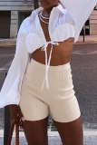 White Sexy Solid Bandage Turndown Collar Tops