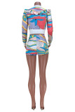 Colour Fashion Casual Print Patchwork Zipper Collar Long Sleeve Two Pieces