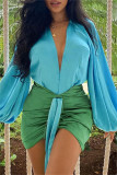 Turquoise Fashion Sexy Solid Frenulum Asymmetrical V Neck Long Sleeve Two Pieces