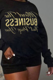 Black Casual Print Patchwork O Neck Long Sleeve Two Pieces