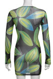 Green Fashion Sexy Print Hollowed Out V Neck Wrapped Skirt Dresses