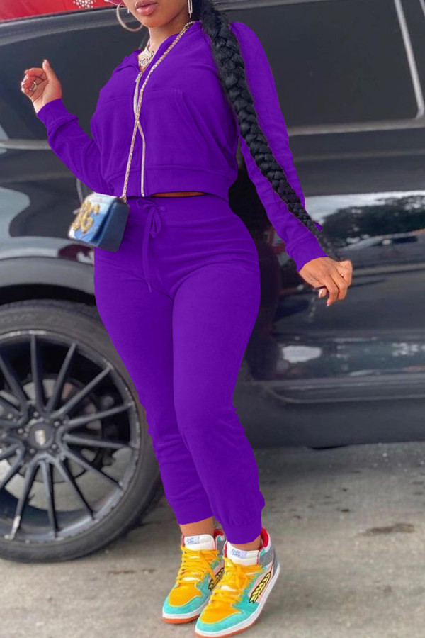 Purple Fashion Casual Solid Patchwork Hooded Collar Long Sleeve Two Pieces