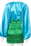 Turquoise Fashion Sexy Solid Frenulum Asymmetrical V Neck Long Sleeve Two Pieces