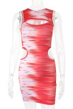 Red Sexy Casual Print Hollowed Out O Neck Sleeveless Dress