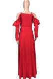 Red Casual Sweet Solid Split Joint Buckle Flounce Spaghetti Strap Sling Dress Dresses