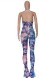 Pink Fashion Sexy Butterfly Print Backless Halter Skinny Jumpsuits