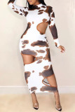 Multicolor Sexy Print Hollowed Out Patchwork O Neck Pencil Skirt Dresses