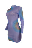 Blue Purple Fashion Sexy Print See-through Turtleneck Long Sleeve Dresses