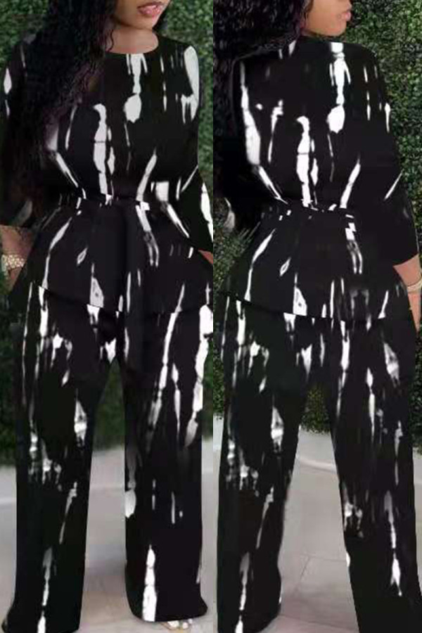 Black Fashion Casual Print Basic O Neck Long Sleeve Two Pieces