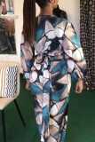 Blue Fashion Casual Print Basic V Neck Long Sleeve Dresses