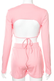 Pink Sexy Solid Backless O Neck Long Sleeve Two Pieces