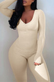 Apricot Casual Sportswear Solid Basic V Neck Skinny Jumpsuits