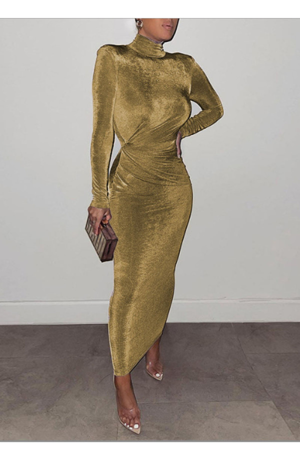 Gold Sexy Solid Patchwork Fold Turtleneck One Step Skirt Dresses