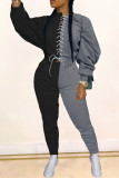 Dark Gray Casual Solid Patchwork Frenulum V Neck Long Sleeve Two Pieces