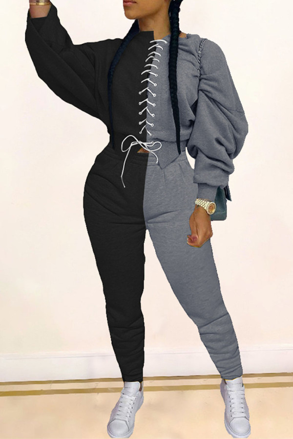 Black Gray Casual Solid Patchwork Frenulum V Neck Long Sleeve Two Pieces
